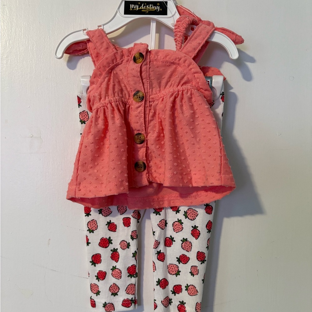 Pink Sleeveless Top and Strawberry Print Leggings Set w/ headband